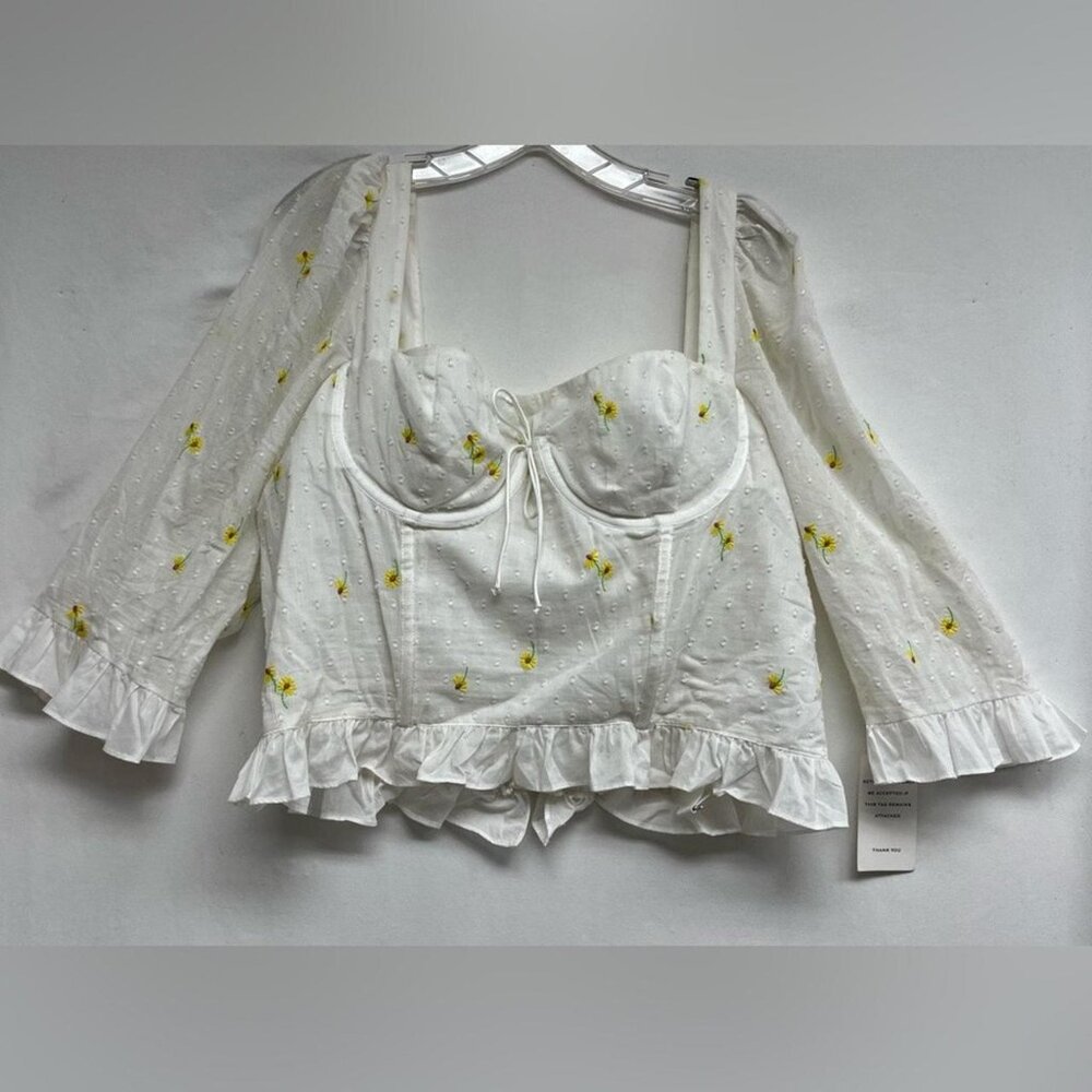 For Love And Lemons White Bustier Blouse with Yellow Floral Embroidery